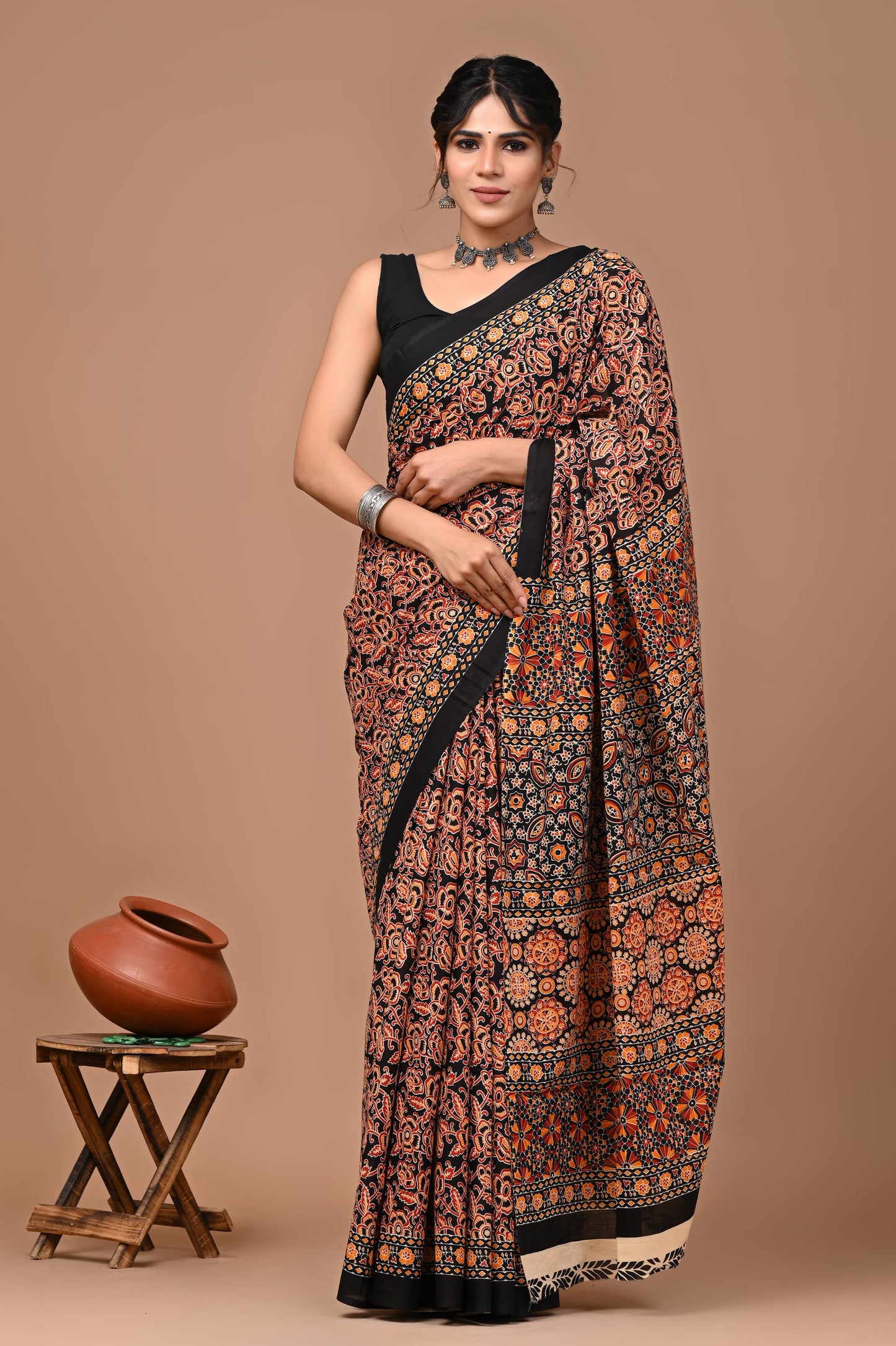 Premium Bagru Hand Block Printed Cotton mulmul Sarees With Running Blouse (BACOTCS02)