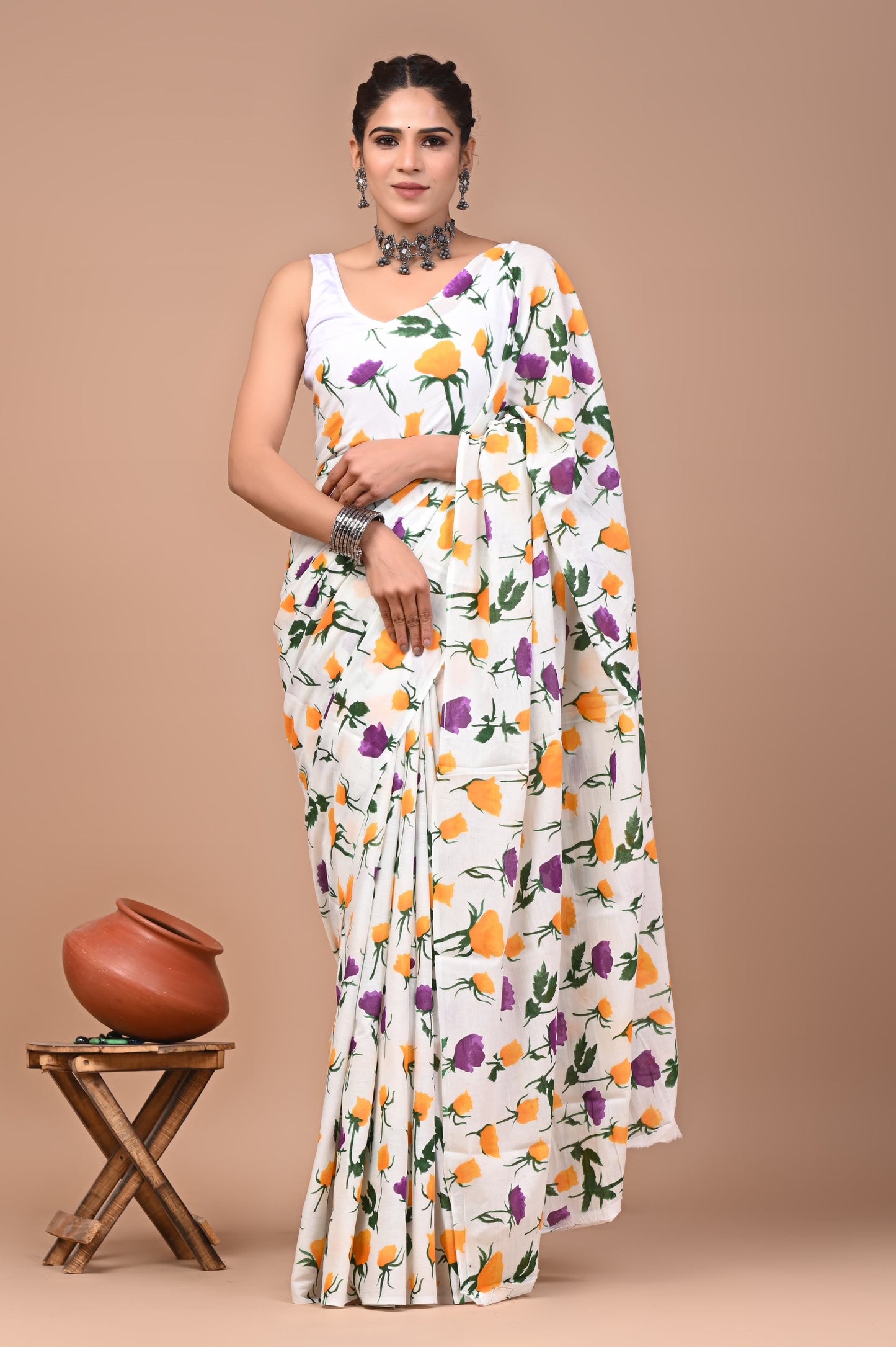 HAND BLOCK PRINT COTTON MULMUL SAREE WITH BLOUSE