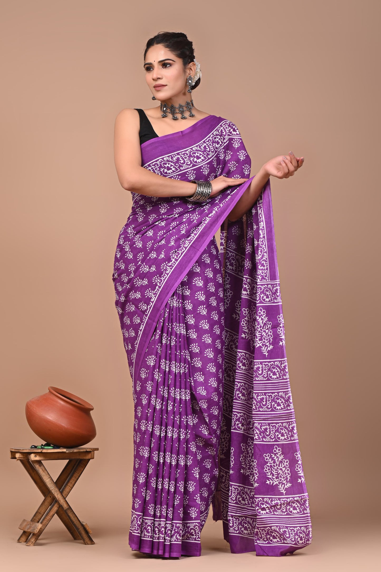HAND BLOCK PRINT COTTON MULMUL SAREE WITH BLOUSE