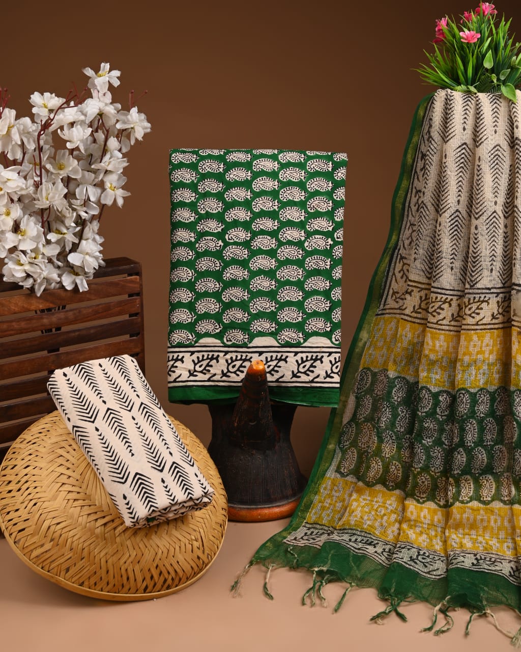 Bagru Hand Block Printed Cotton Suit Sets with Kota Doriya Dupatta (BACOTKD02)