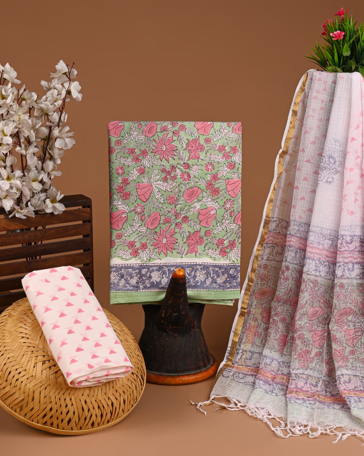 Hand Block Printed Pure Cotton Suits With Pure Kota Doriya Duptta (BACOTKD43)