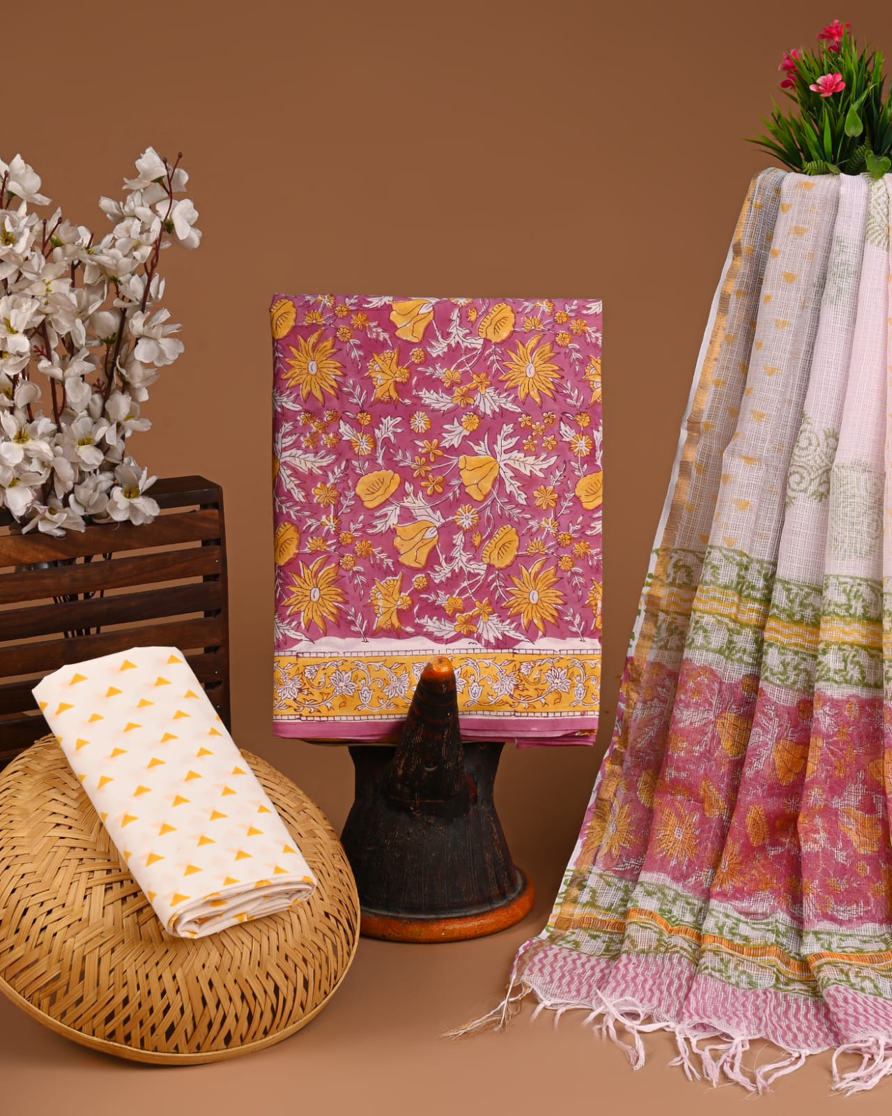Bagru Hand Block Printed Cotton Suit Sets with Kota Doriya Dupatta (BACOTKD04)