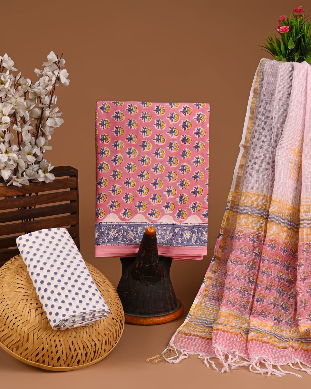 Bagru Hand Block Printed Cotton Suit Sets with Kota Doriya Dupatta (BACOTKD22)
