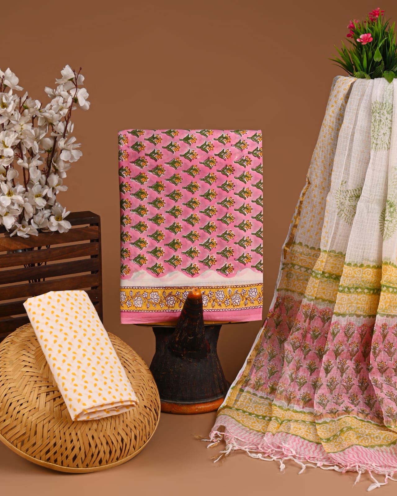 Bagru Hand Block Printed Cotton Suit Sets with Kota Doriya Dupatta (BACOTKD25)