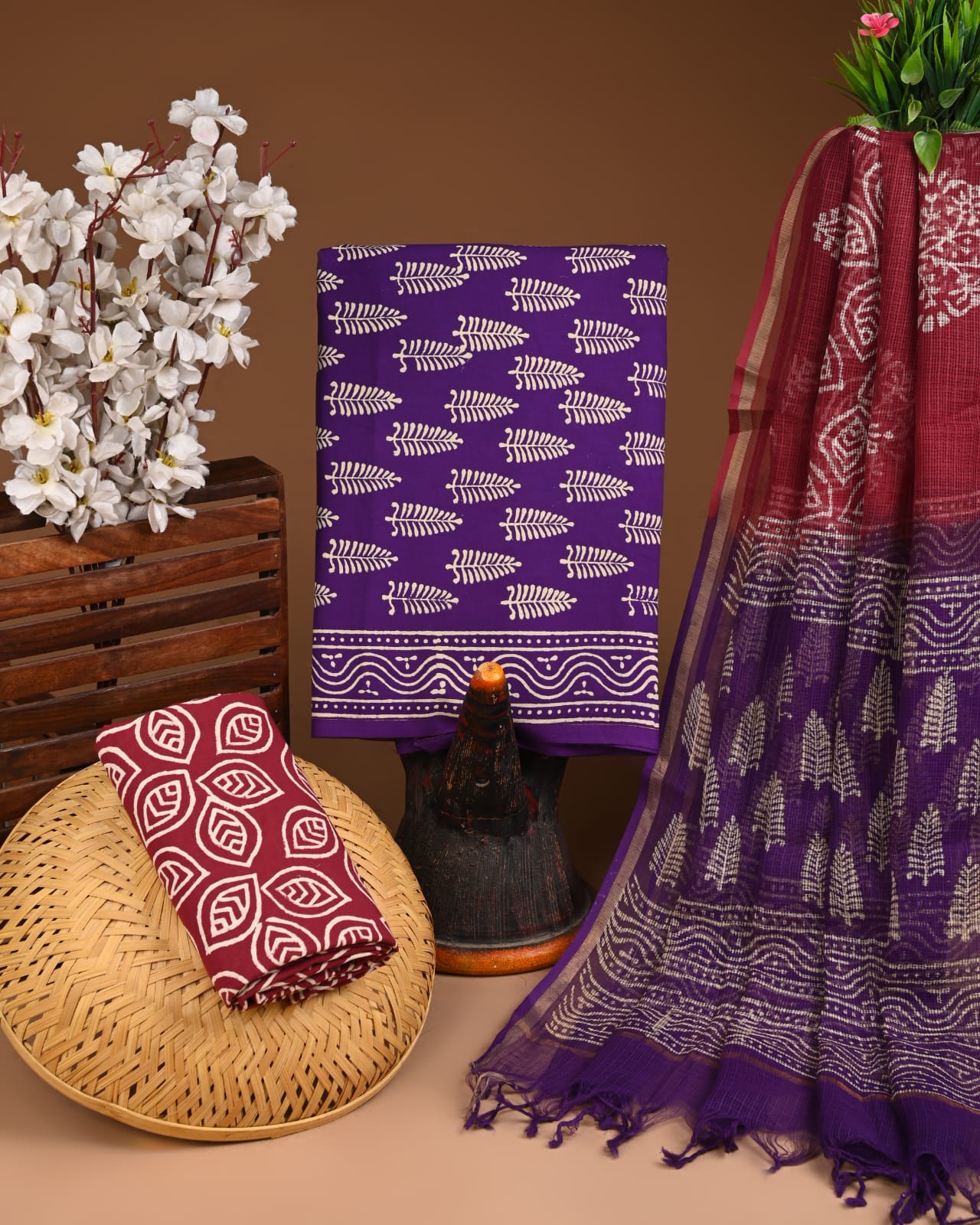 Bagru Hand Block Printed Cotton Suit Sets with Kota Doriya Dupatta (BACOTKD30)