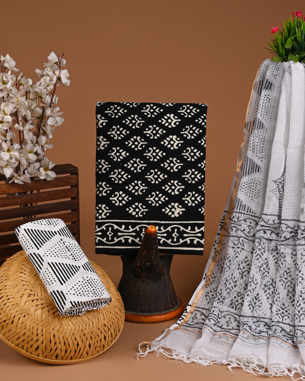 Bagru Hand Block Printed Cotton Suit Sets with Kota Doriya Dupatta (BACOTKD34)