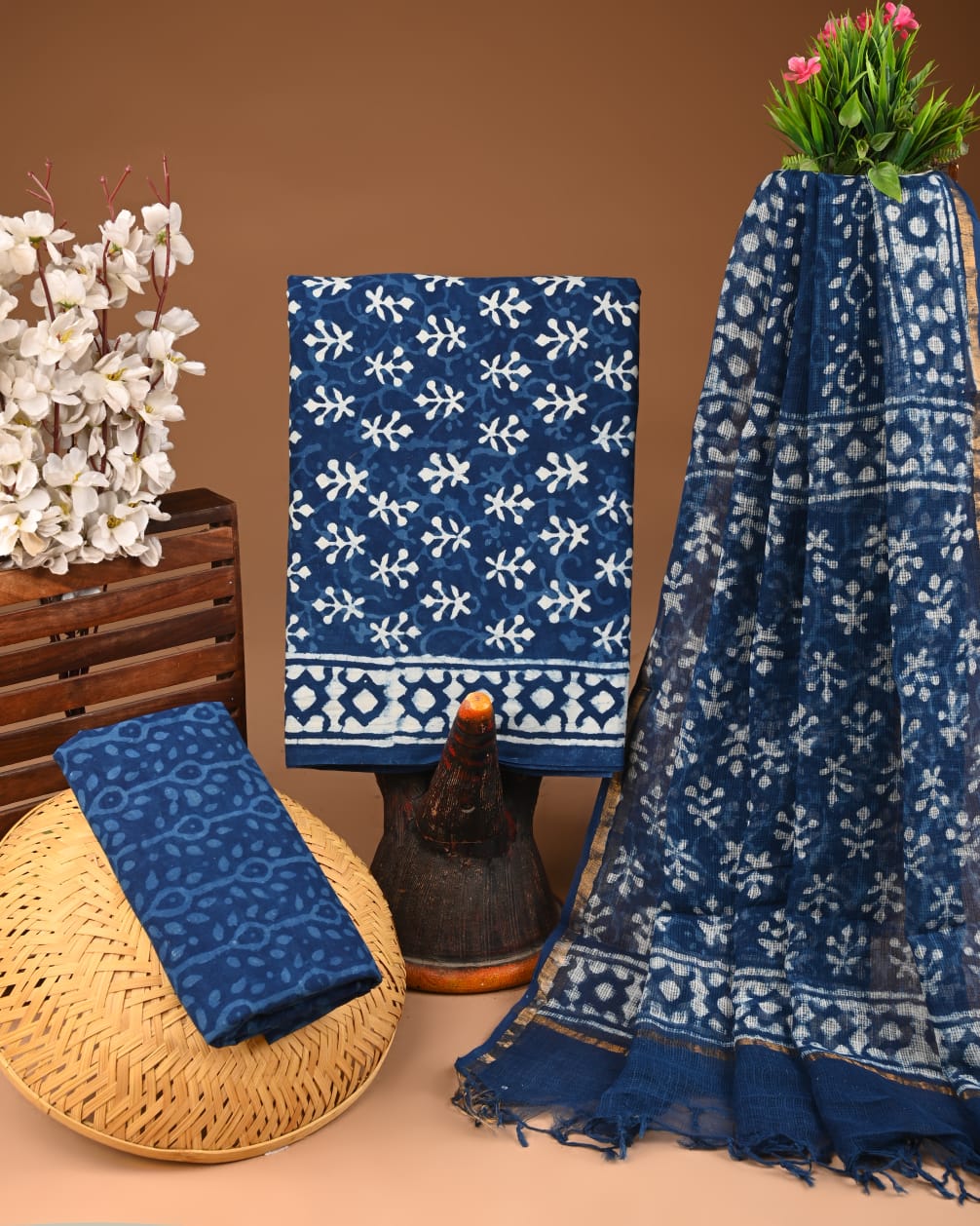 Hand Block Printed Pure Cotton Suits With Pure Kota Doriya Duptta (BACOTKD36)