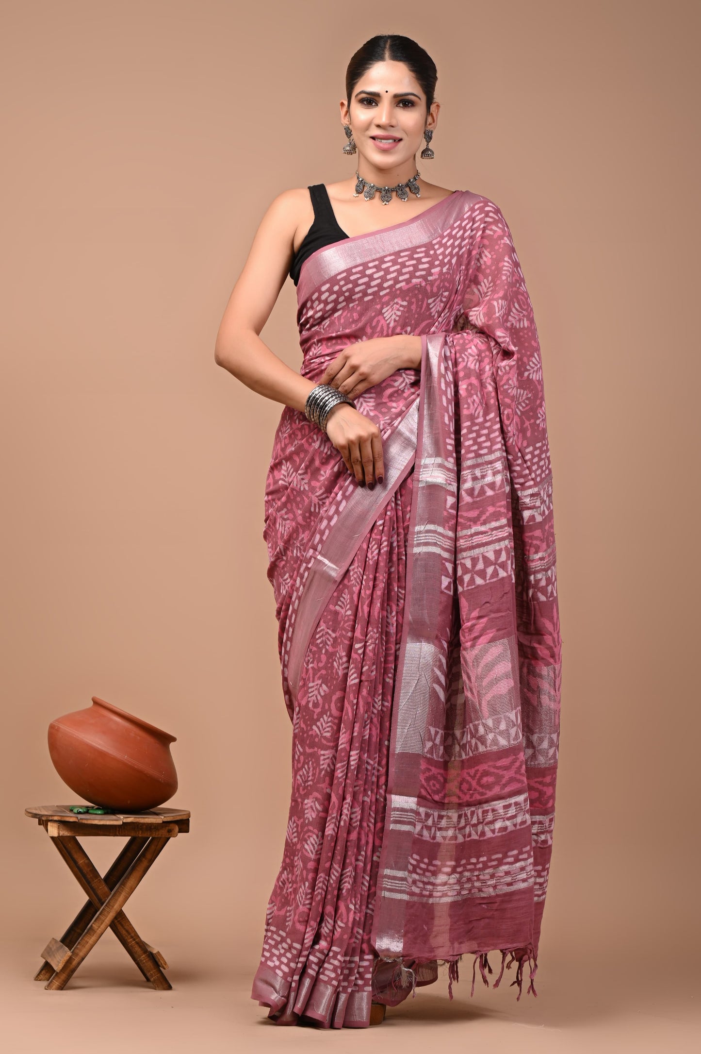 Premium Bagru Handblock Print Linen Sarees (BALS03)