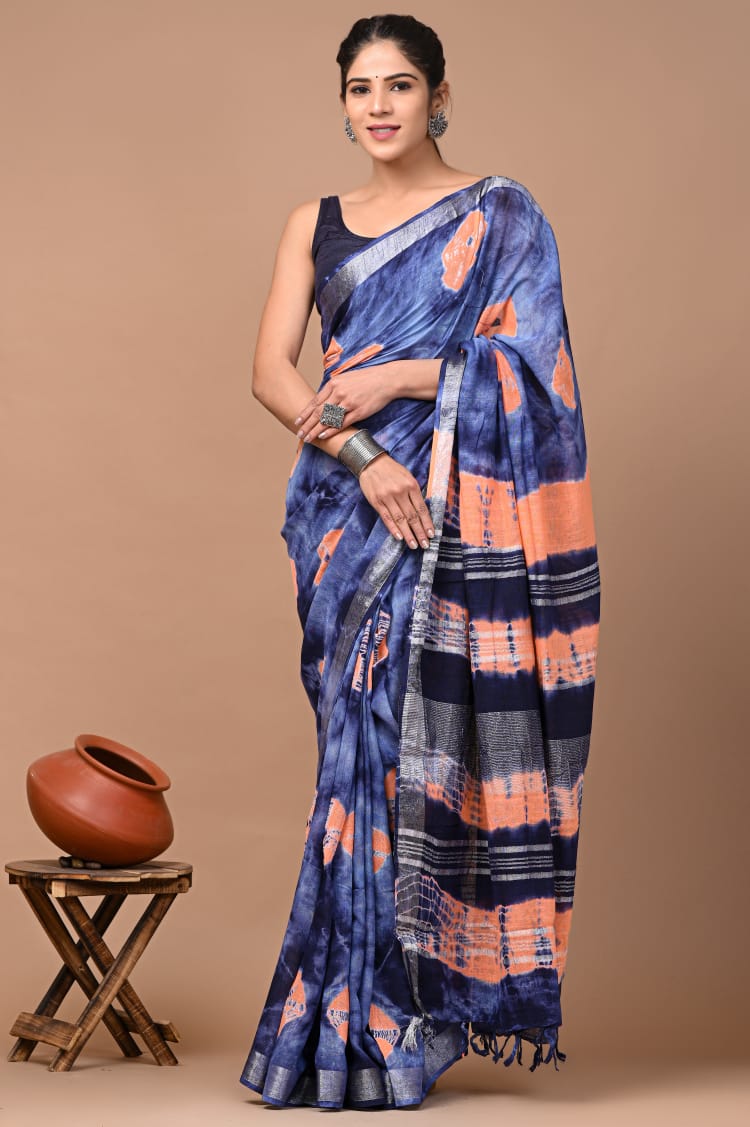 Traditional Hand block Print Linen Sarees (BALS12)