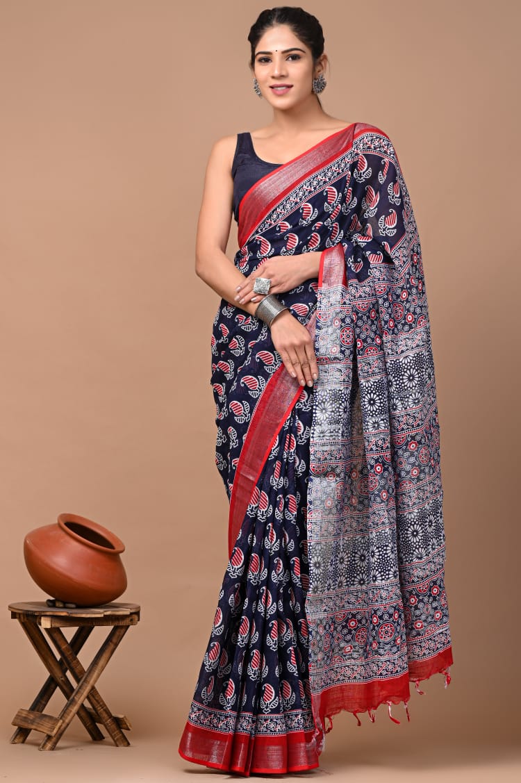 Traditional Hand block Print Linen Sarees (BALS14)