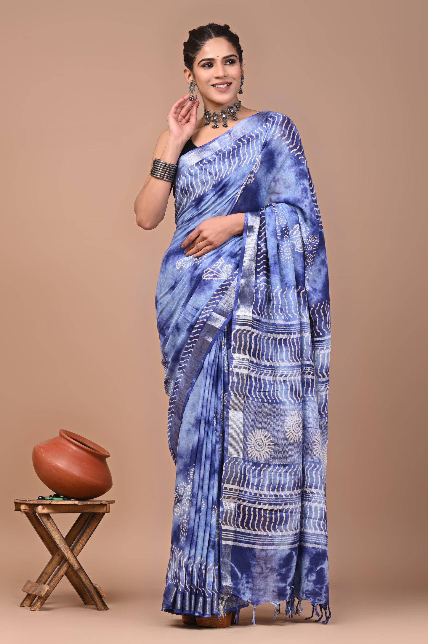 Traditional Hand block Print Linen Sarees (BALS19)