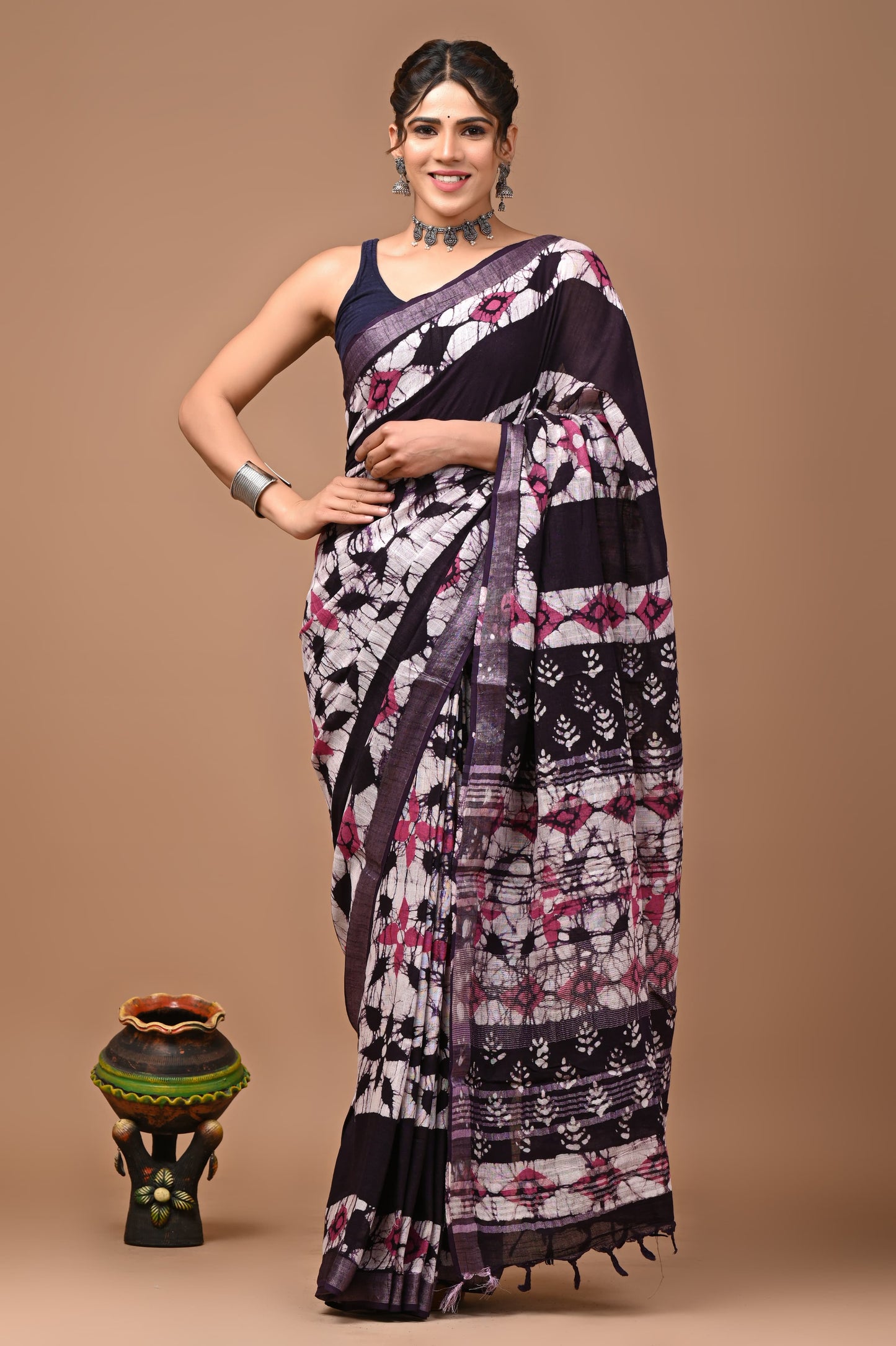 Traditional Hand block Print Linen Sarees (BALS31)