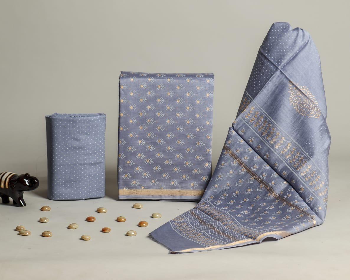 Exclusive Hand Block Printed Chanderi Silk Dress Material Set (BACHACH06)