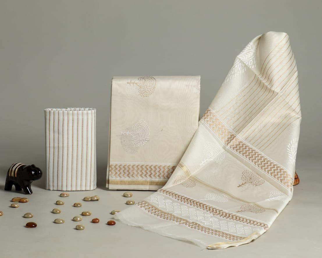 Exclusive Hand Block Printed Chanderi Silk Dress Material Set (BACHACH04)