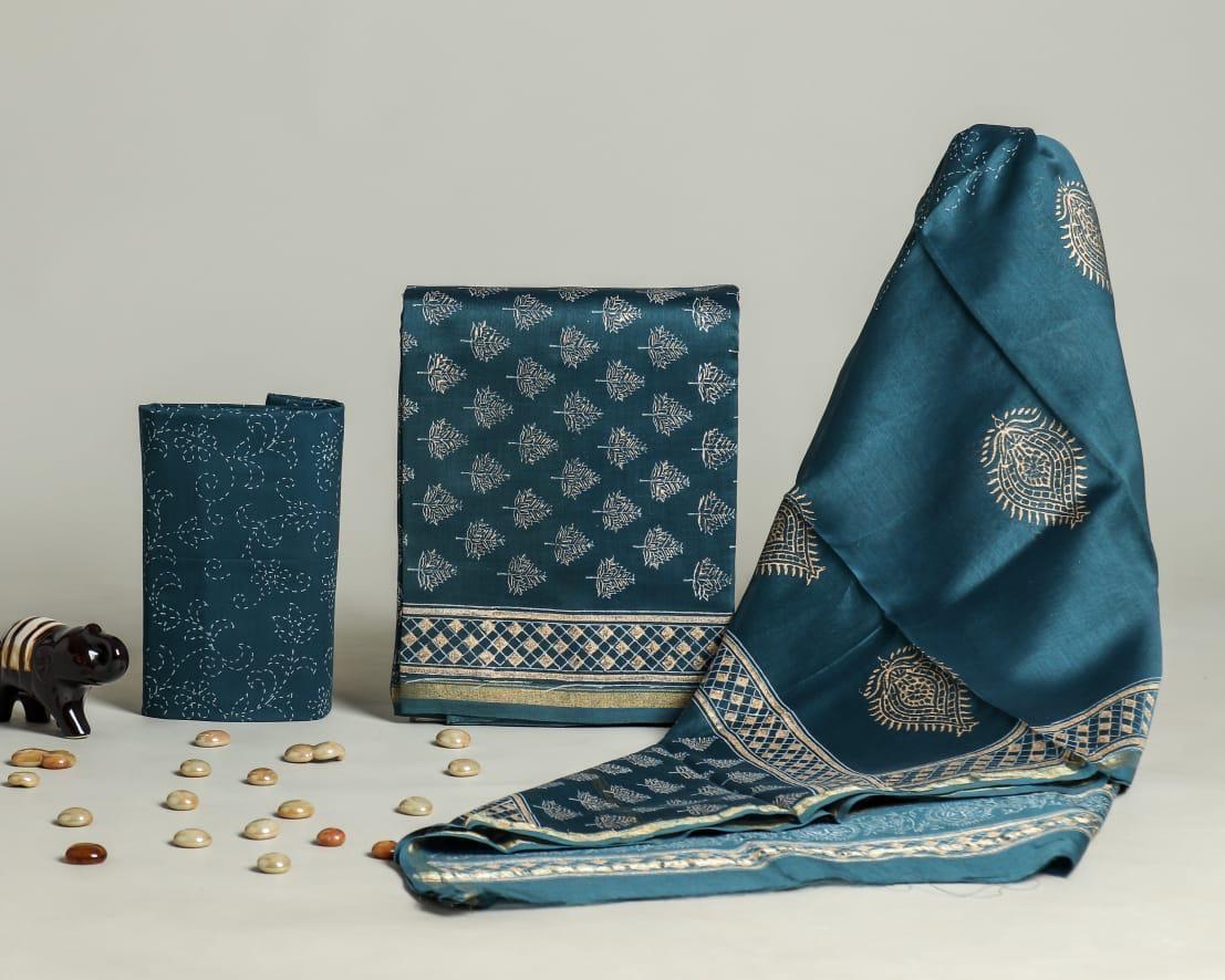 Exclusive Hand Block Printed Chanderi Silk Dress Material Set (BACHACH05)