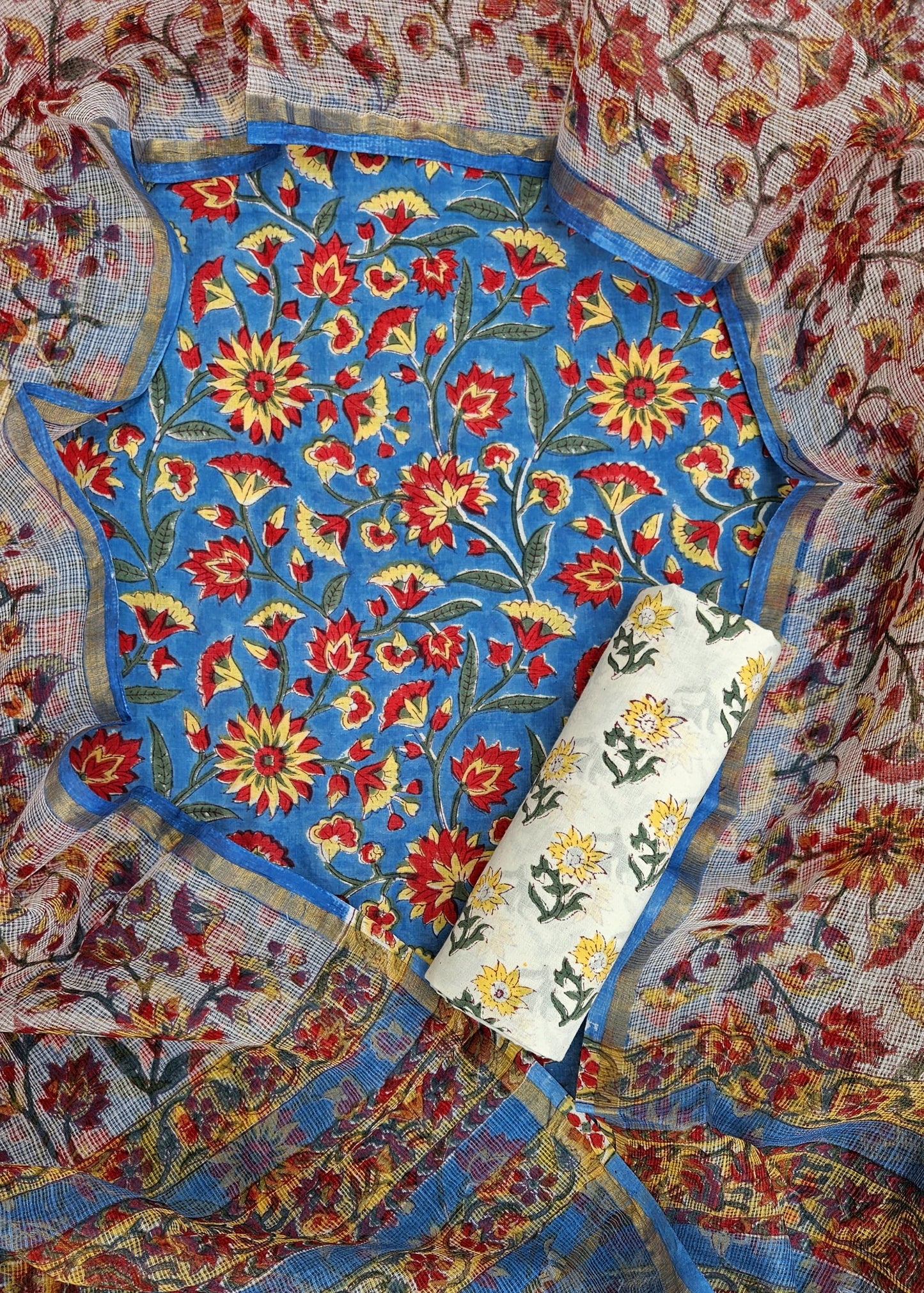 Bagru Hand Block Printed Cotton Suit Sets with Kota Doriya Dupatta (BACOTKD01)