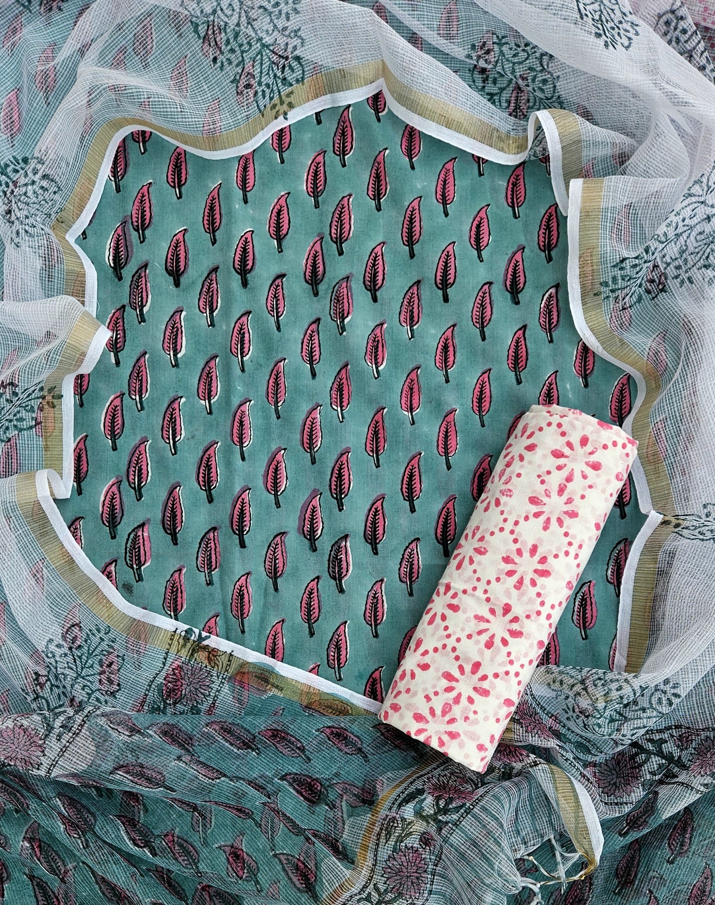 Bagru Hand Block Printed Cotton Suit Sets with Kota Doriya Dupatta (BACOTKD02)