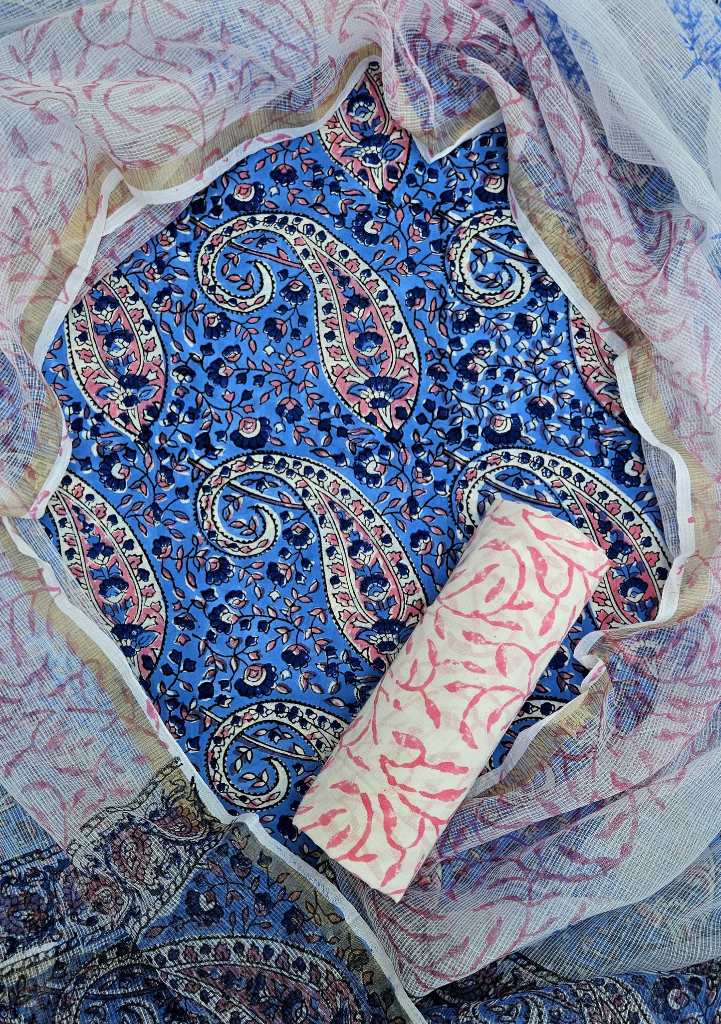 Bagru Hand Block Printed Cotton Suit Sets with Kota Doriya Dupatta (BACOTKD03)