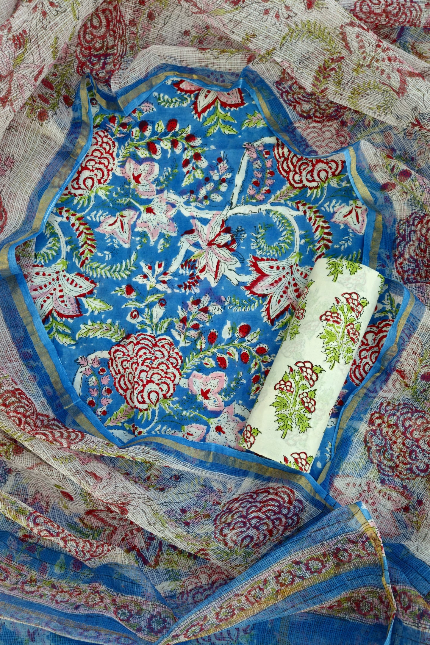 Bagru Hand Block Printed Cotton Suit Sets with Kota Doriya Dupatta (BACOTKD06)