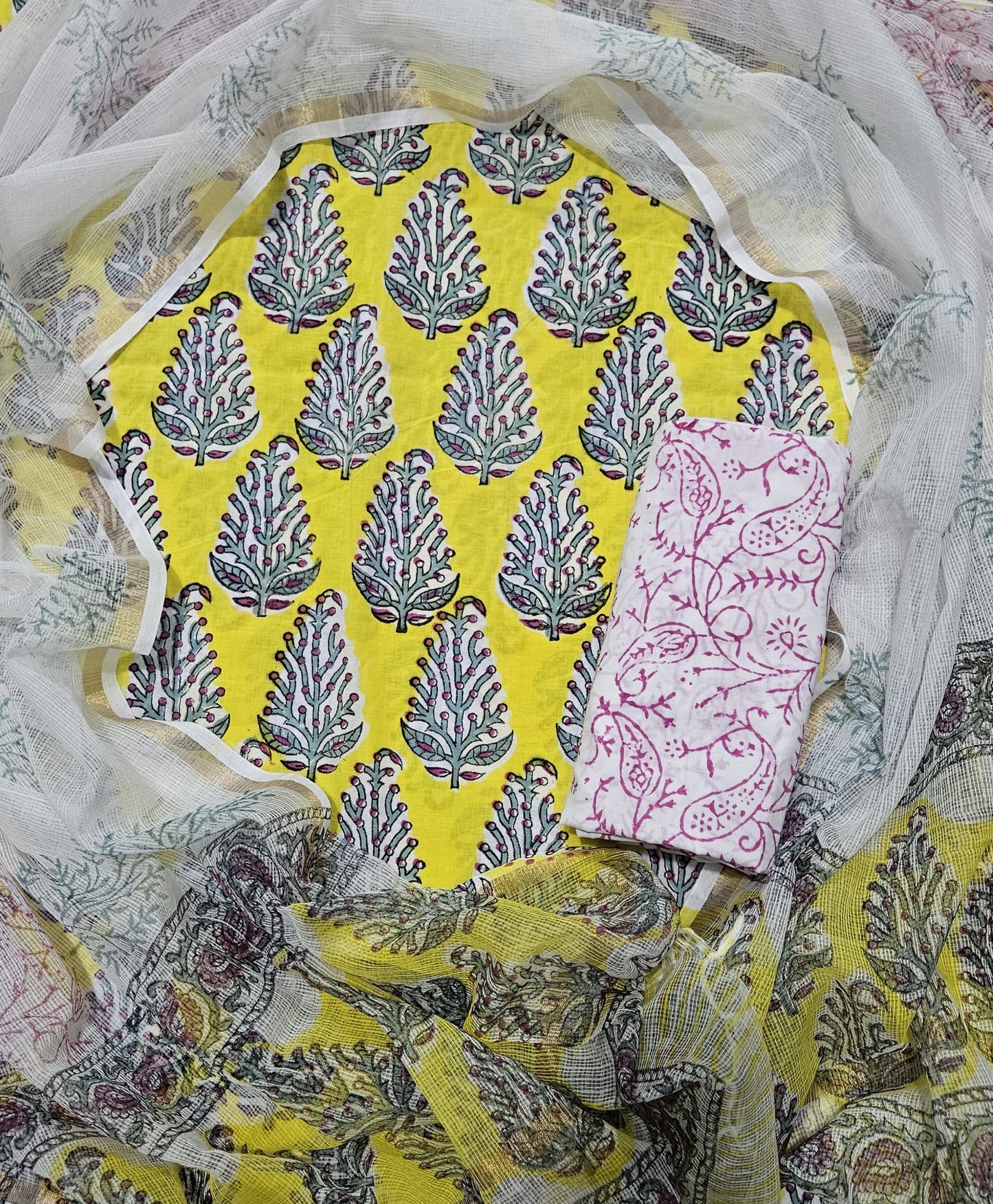 Bagru Hand Block Printed Cotton Suit Sets with Kota Doriya Dupatta (BACOTKD12)