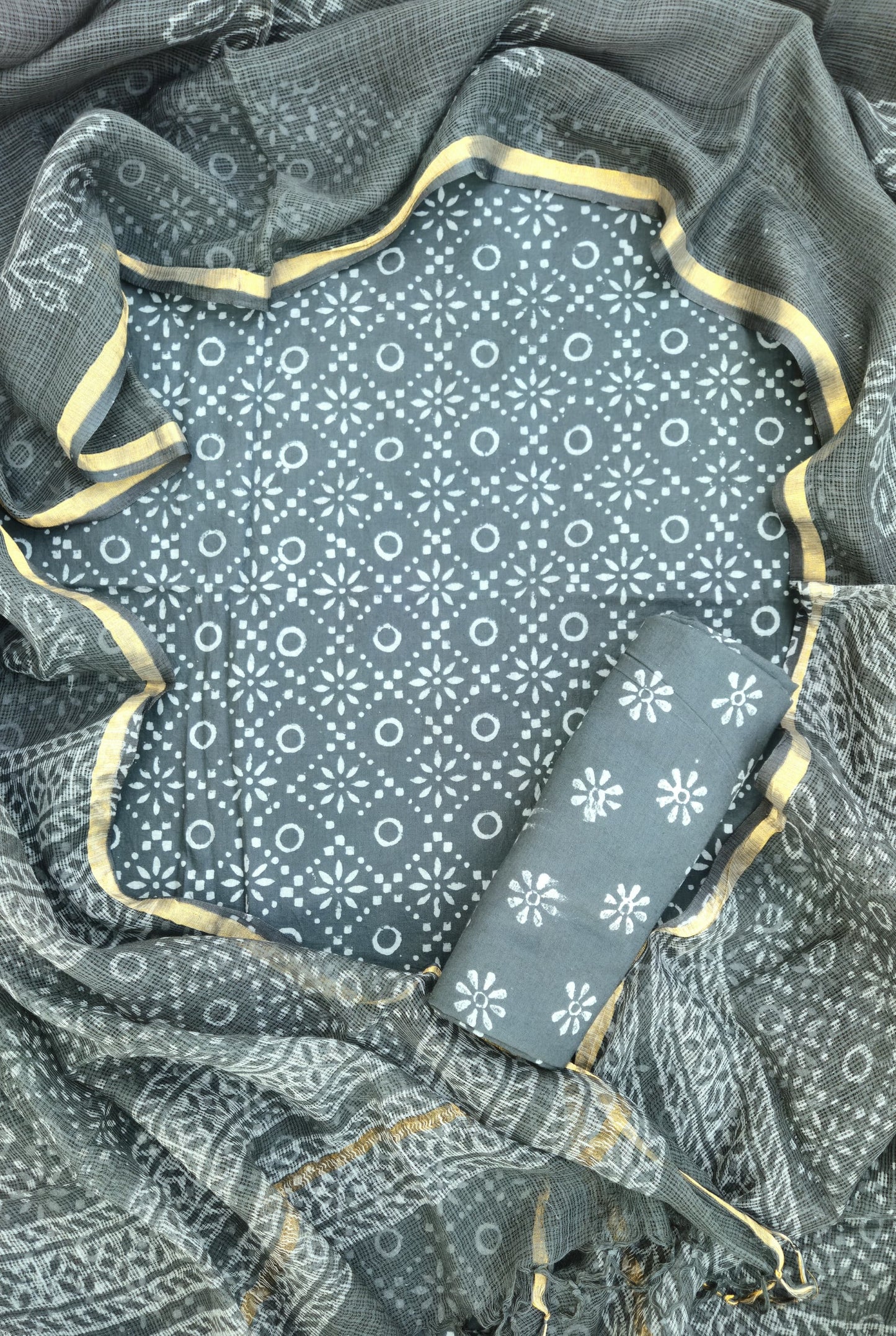 Bagru Hand Block Printed Cotton Suit Sets with Kota Doriya Dupatta (BACOTKD17)