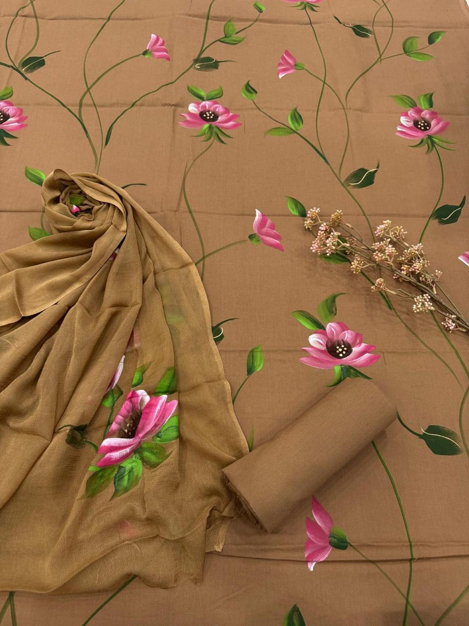 Premium Hand Block Printed Cotton Suit With Chiffon Dupatta (BACOTCF10)