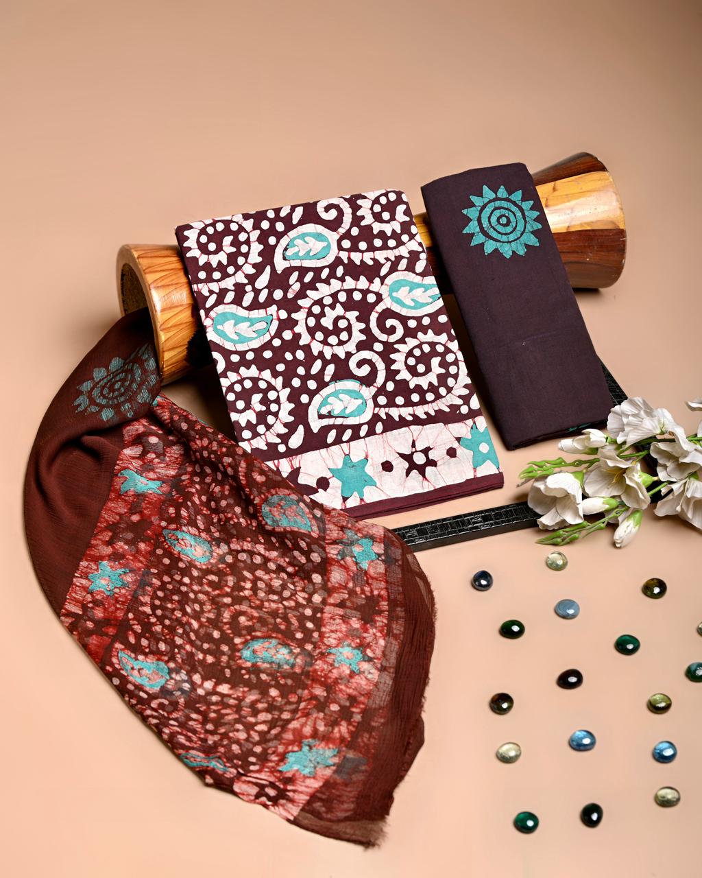 Premium Hand Block Printed Cotton Suit With Chiffon Dupatta (BACOTCF03)