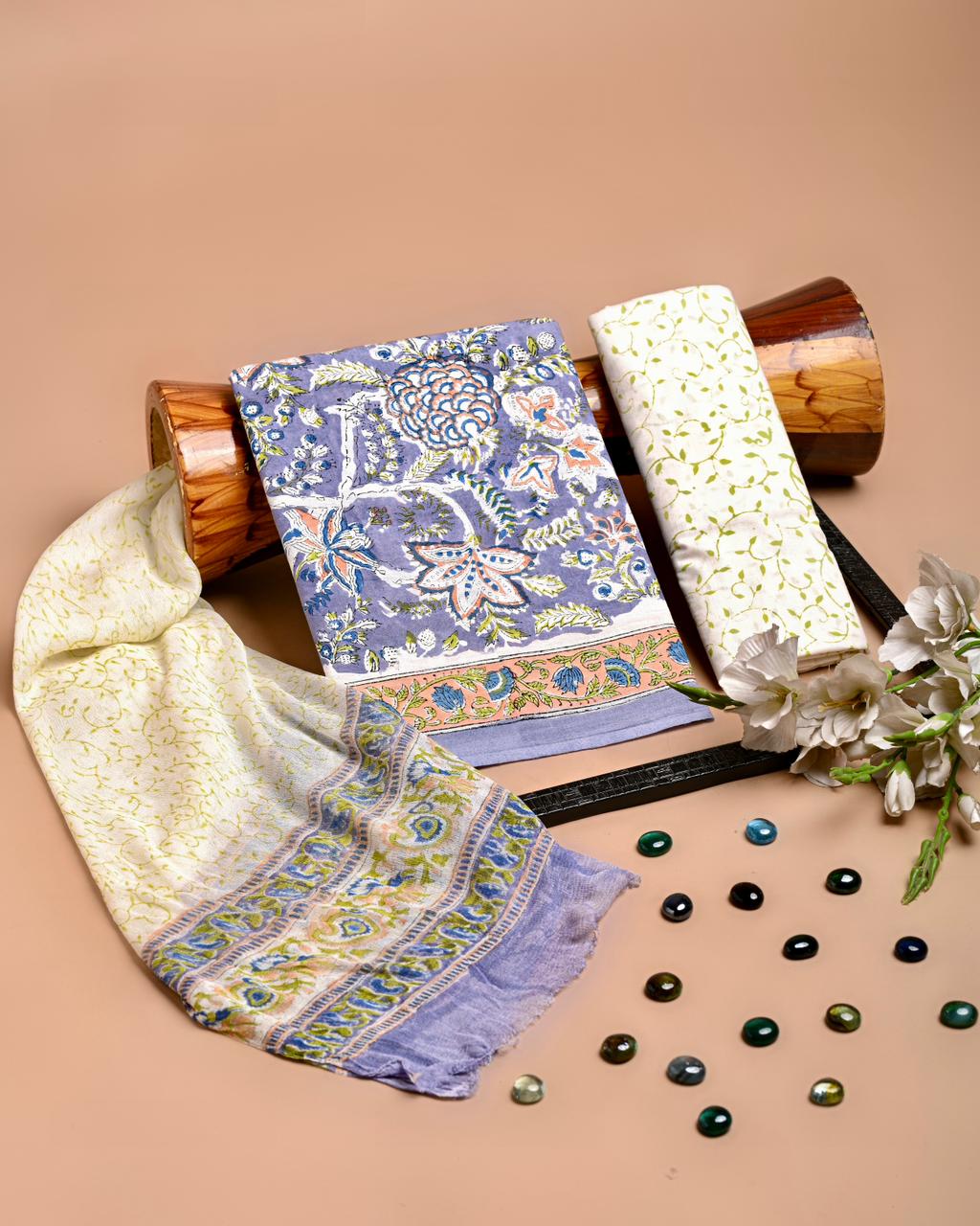 Premium Hand Block Printed Cotton Suit With Chiffon Dupatta (BACOTCF10)
