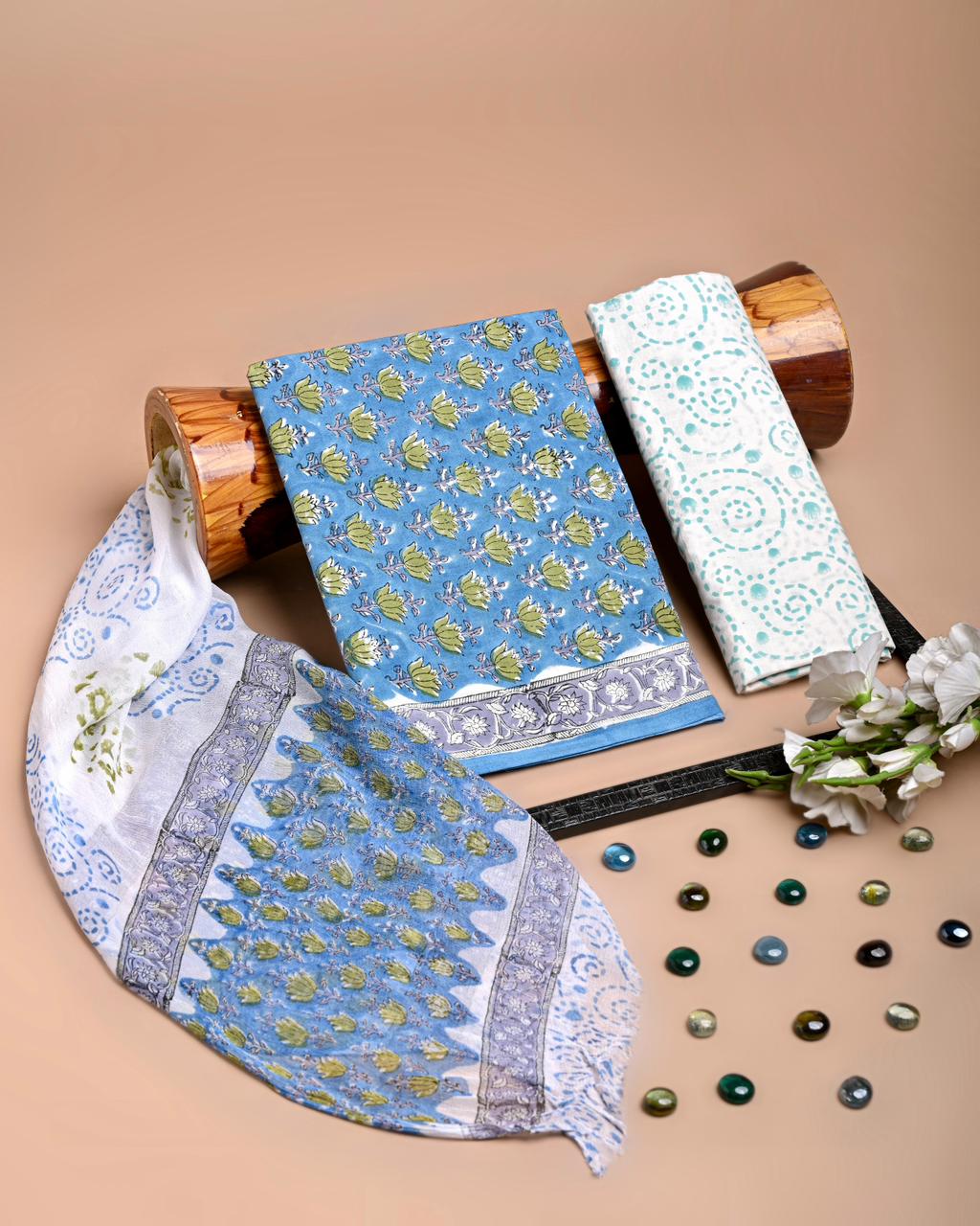 Premium Hand Block Printed Cotton Suit With Chiffon Dupatta (BACOTCF14)