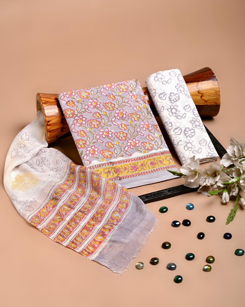 Premium Hand Block Printed Cotton Suit With Chiffon Dupatta (BACOTCF16)