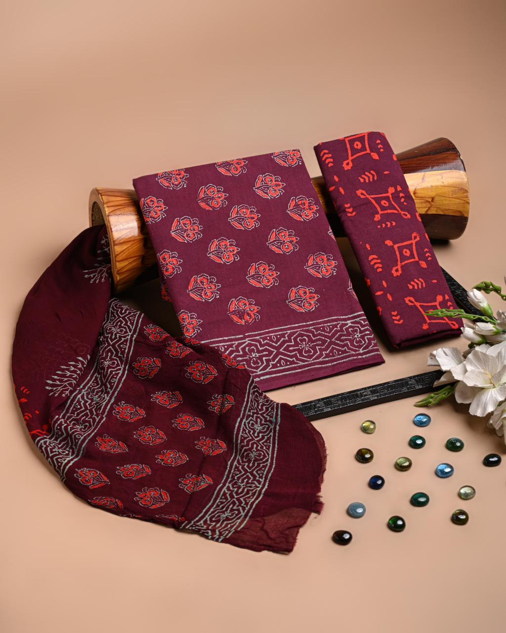 Premium Hand Block Printed Cotton Suit With Chiffon Dupatta (BACOTCF21)