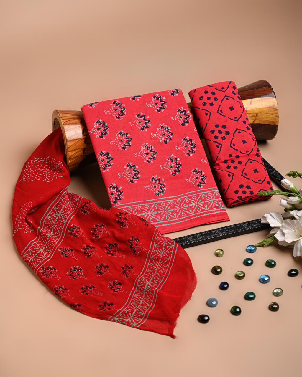 Premium Hand Block Printed Cotton Suit With Chiffon Dupatta ((BACOTCF22)