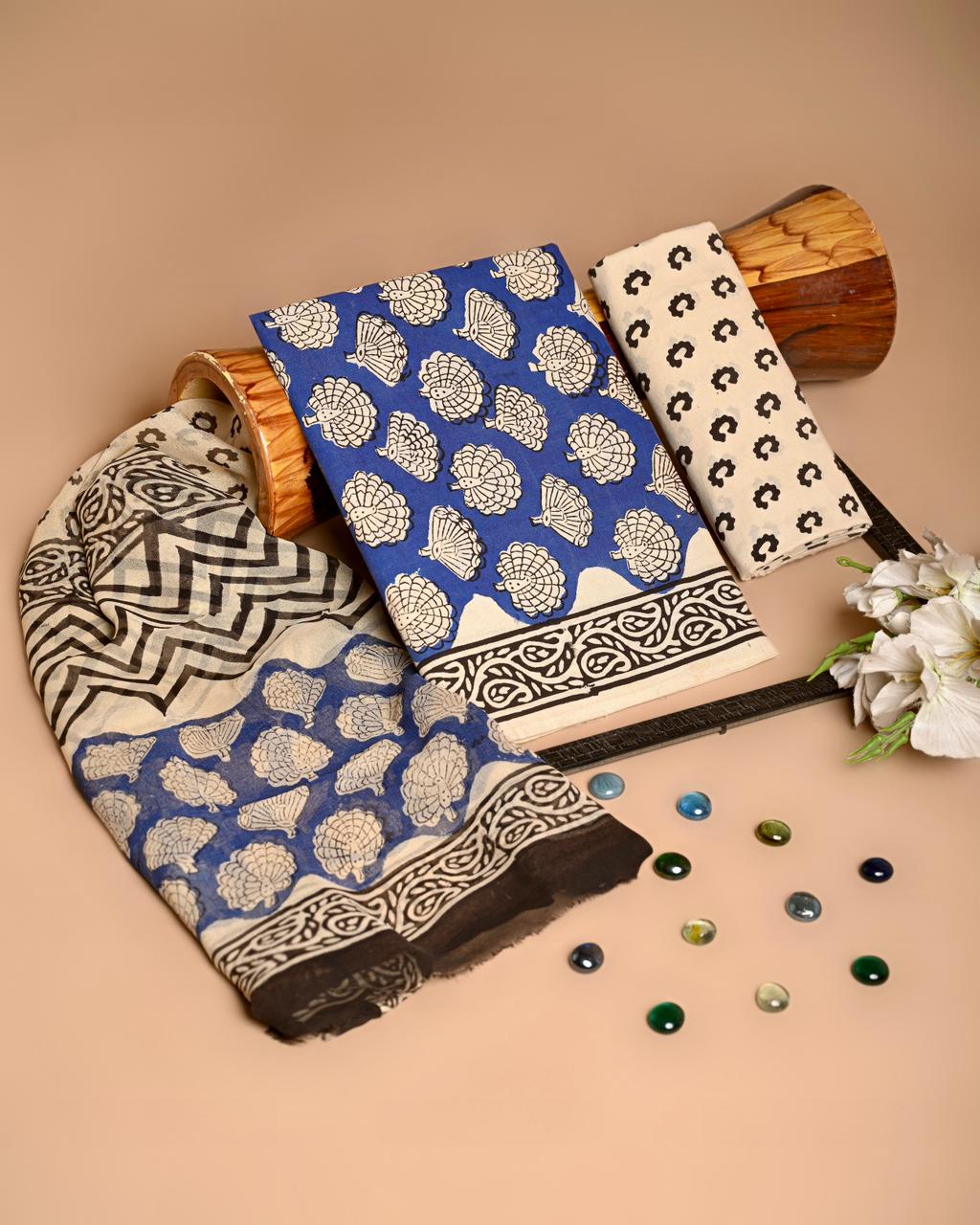 Premium Hand Block Printed Cotton Suit With Chiffon Dupatta (BACOTCF31)