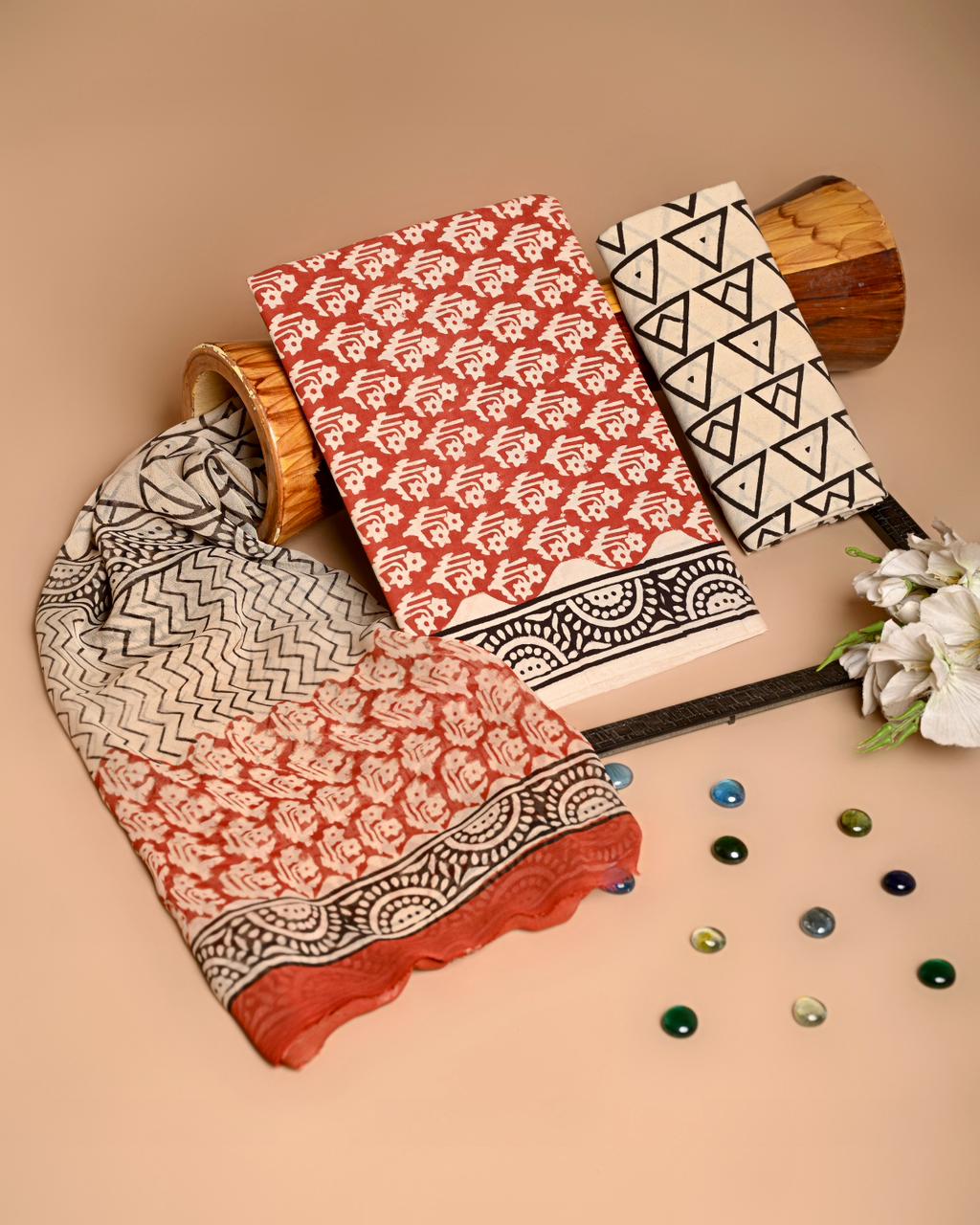 Premium Hand Block Printed Cotton Suit With Chiffon Dupatta (BACOTCF34)
