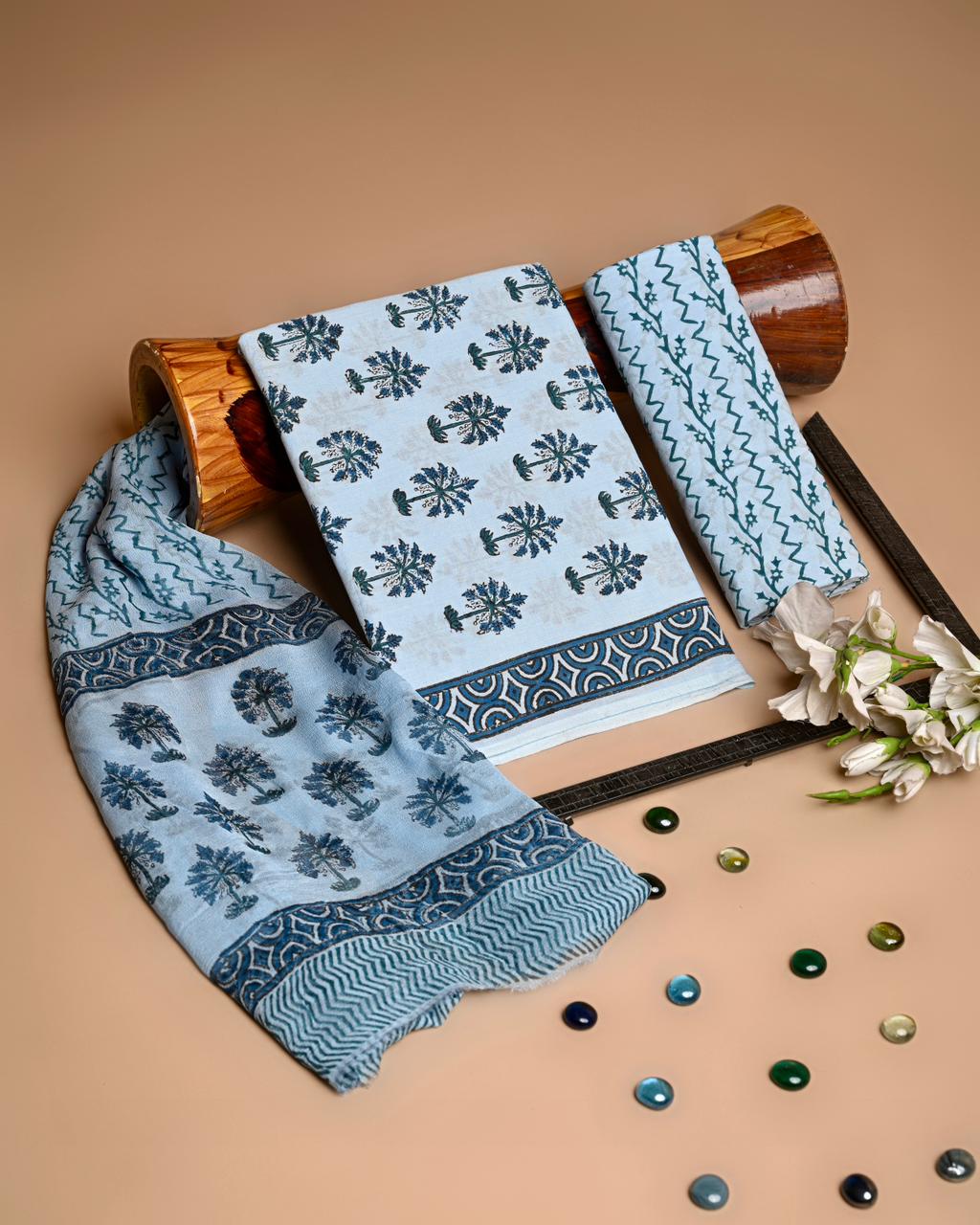 Premium Hand Block Printed Cotton Suit With Chiffon Dupatta (BACOTCF39)