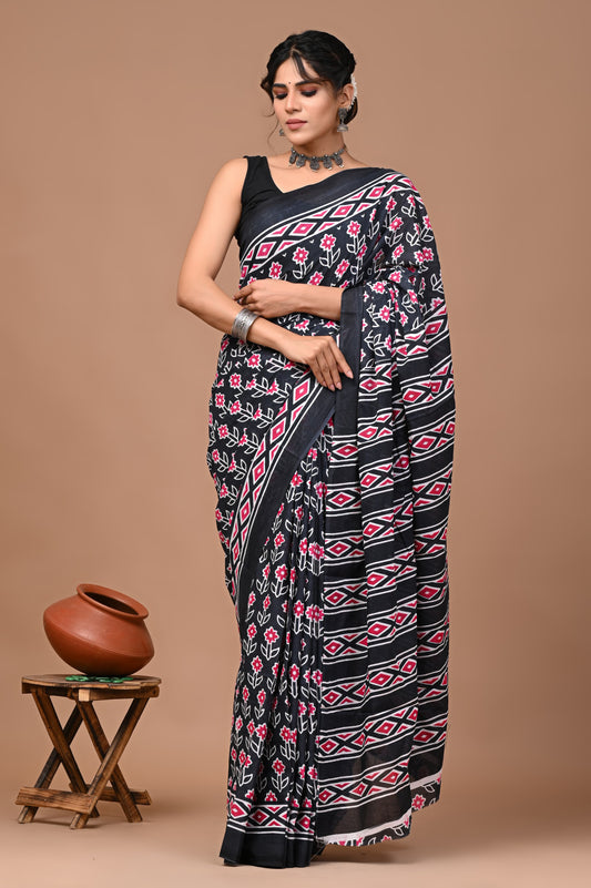 Premium Bagru Hand Block Printed Cotton mulmul Sarees With Running Blouse (BACOTCS01)
