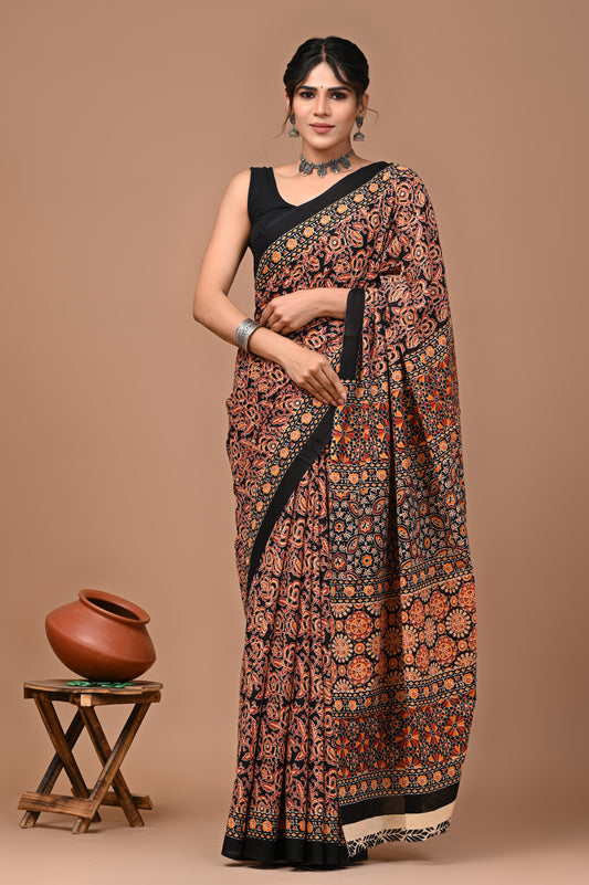 Premium Bagru Hand Block Printed Cotton mulmul Sarees With Running Blouse (BACOTCS02)