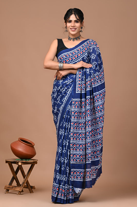 Premium Bagru Hand Block Printed Cotton mulmul Sarees With Running Blouse (BACOTCS03)