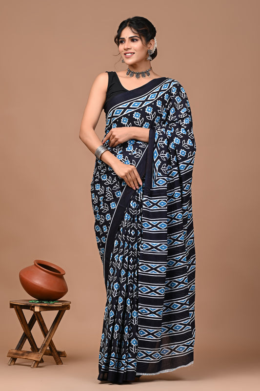 Premium Bagru Hand Block Printed Cotton mulmul Sarees With Running Blouse (BACOTCS05)