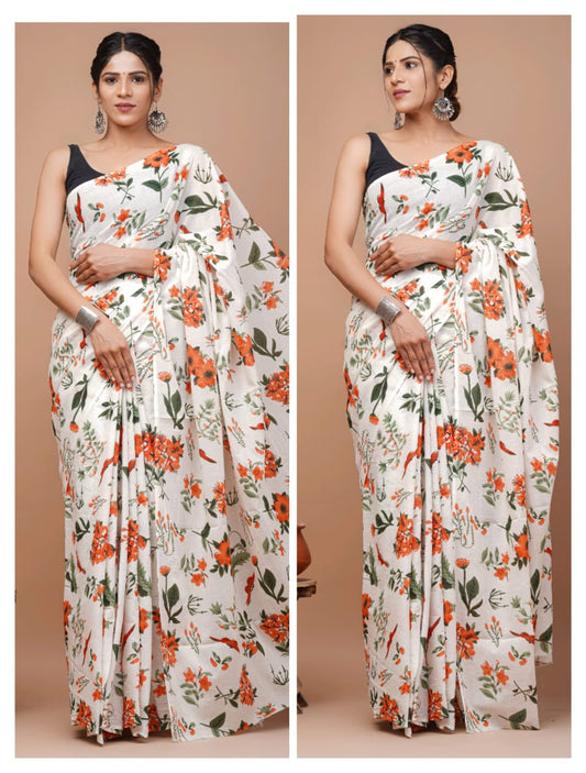 HAND BLOCK PRINT COTTON MULMUL SAREE WITH BLOUSE