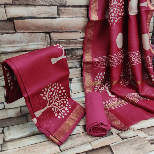Hand Block Printed Maheshwari Silk Suits With Maheshwari Silk Dupatta