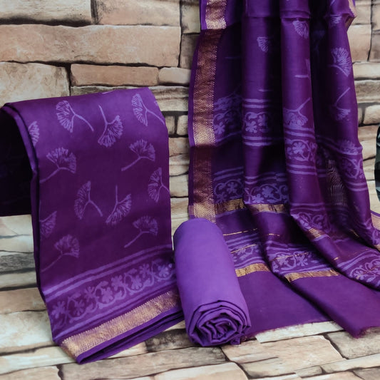 Hand Block Printed Maheshwari Silk Suits With Maheshwari Silk Dupatta