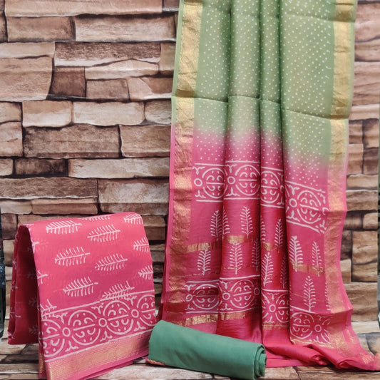 Hand Block Printed Maheshwari Silk Suits With Maheshwari Silk Dupatta