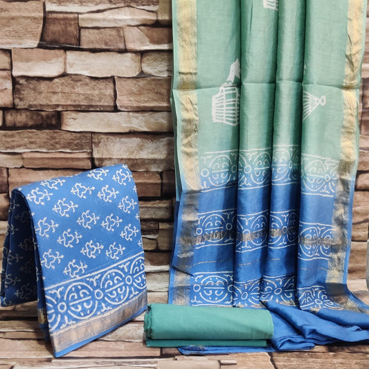 Hand Block Printed Maheshwari Silk Suits With Maheshwari Silk Dupatta