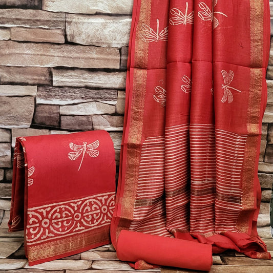 Hand Block Printed Maheshwari Silk Suits With Maheshwari Silk Dupatta