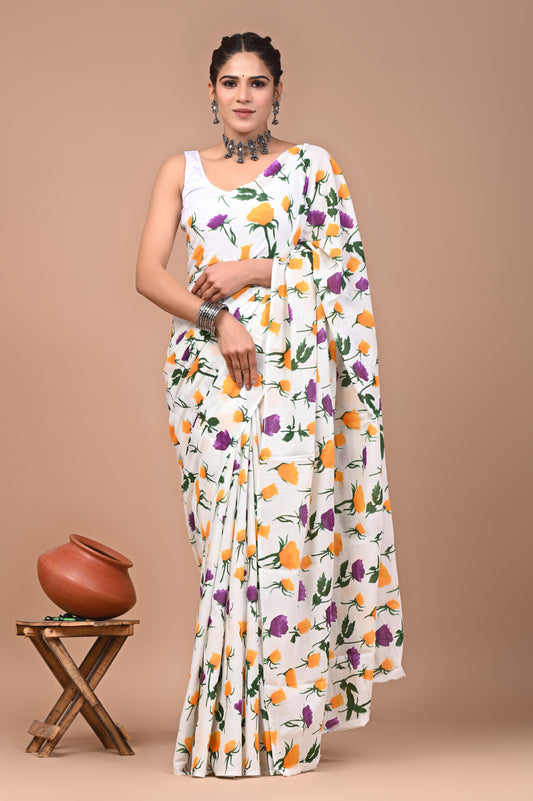 HAND BLOCK PRINT COTTON MULMUL SAREE WITH BLOUSE