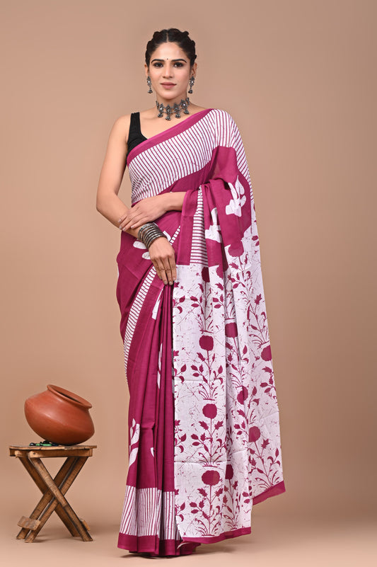 HAND BLOCK PRINT COTTON MULMUL SAREE WITH BLOUSE
