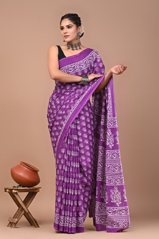 HAND BLOCK PRINT COTTON MULMUL SAREE WITH BLOUSE