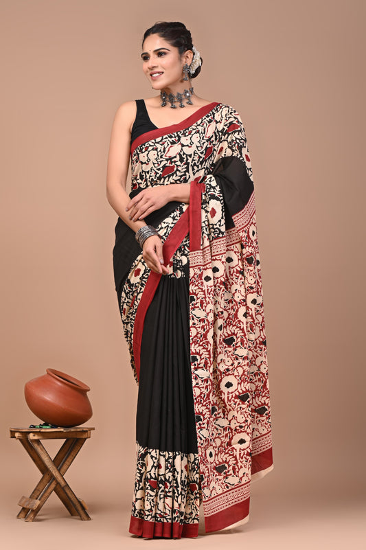 HAND BLOCK PRINT COTTON MULMUL SAREE WITH BLOUSE