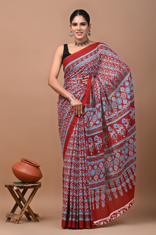 HAND BLOCK PRINT COTTON MULMUL SAREE WITH BLOUSE